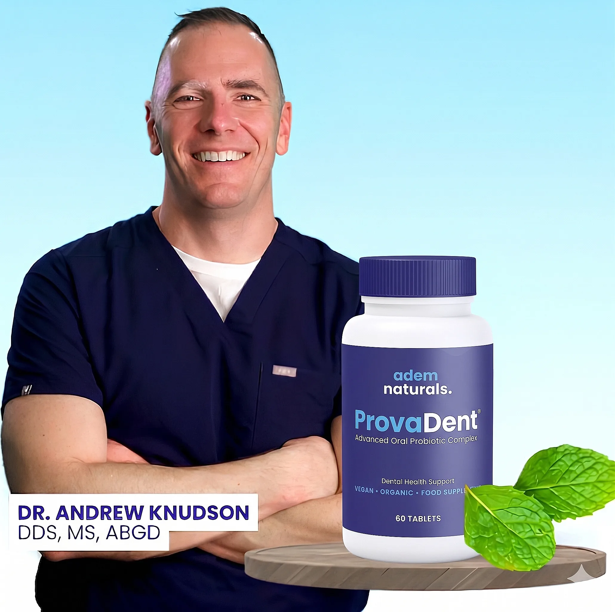 Oral health professional holding a bottle of ProvaDent oral probiotic